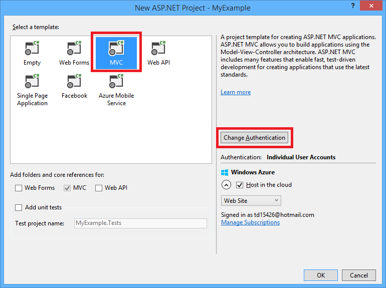 New ASP.NET Project dialog box